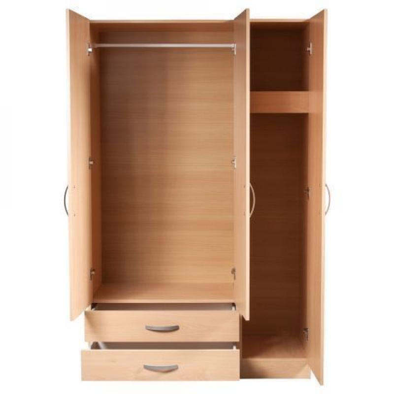 FULLY ASSEMLBED 3 DOOR WARDROBE WITH SHELVES HANGING RAILS IN BEECH OAK WHITE WENGE COLOR