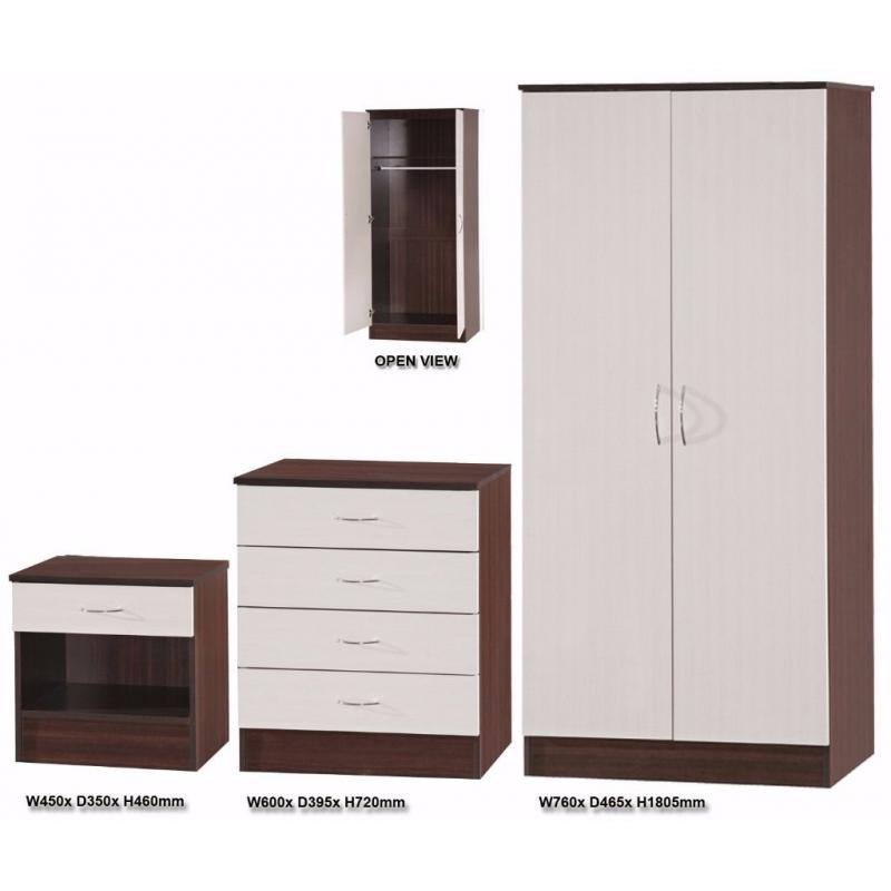 *30-DAY MONEY BACK GUARANTEE!* High Gloss Wardrobe Set w/ Chest and Side Table -Cream/Walnut
