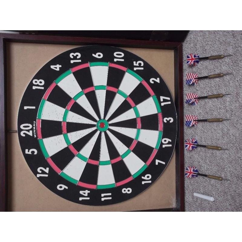 Winmau Dart Board in wooden Cabinet complete with two sets of darts.