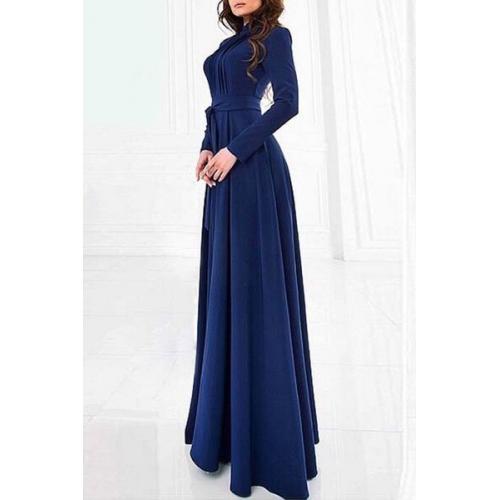 Zaful Solid Color Stand Neck Long Sleeve Maxi Dress
