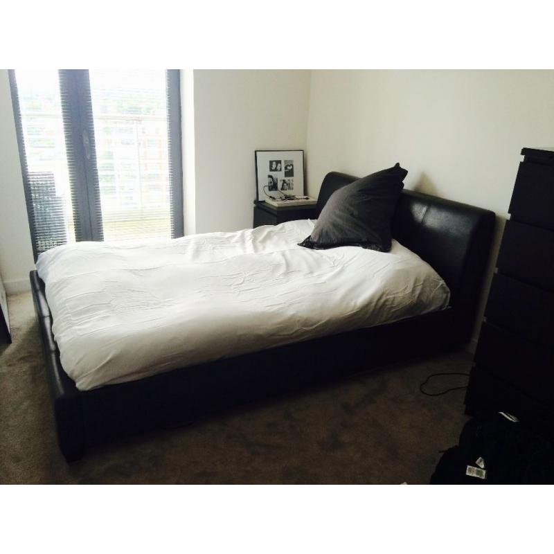 Double Bed. Brown Leather frame, including head board and mattress.