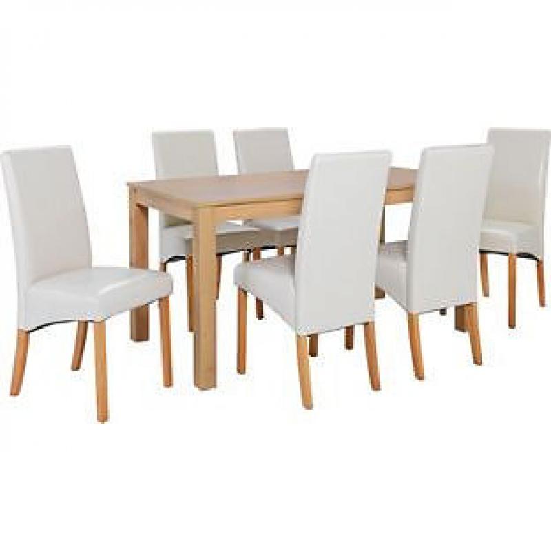 Bromham Oak Dining Table and 6 Cream Skirted Chairs.