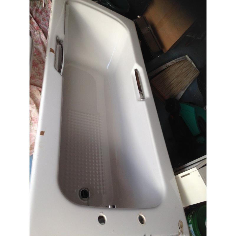 Nearly New White Acrylic Bath and Side Panel (legs, taps and plug included) - 3 minor chips