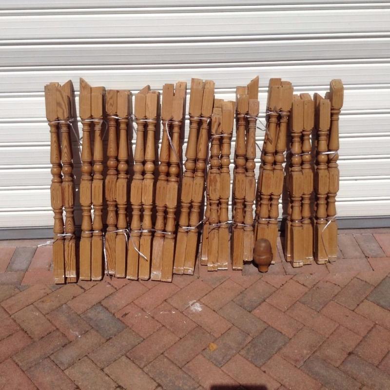 Set of 44 used Red Pine Stair Spindles with 2 Acorn shape newel tops