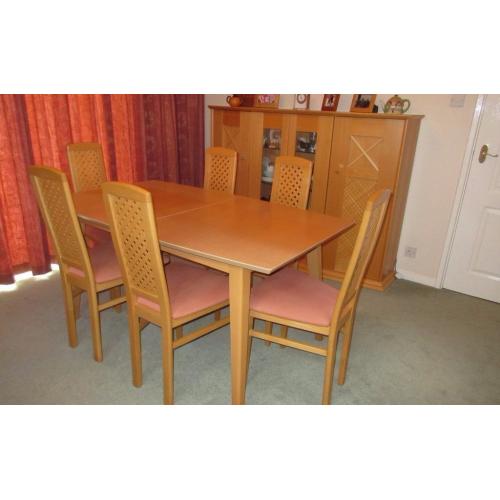 Dining Suite - Beech finish - extending table, 6 chairs, 2 side cupboards - Good condition