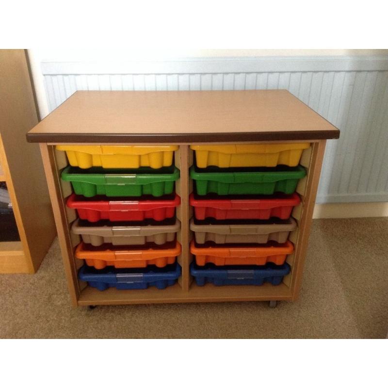Table top filing tray storage chest on castors in good condition. W73cmD48cmH60cm