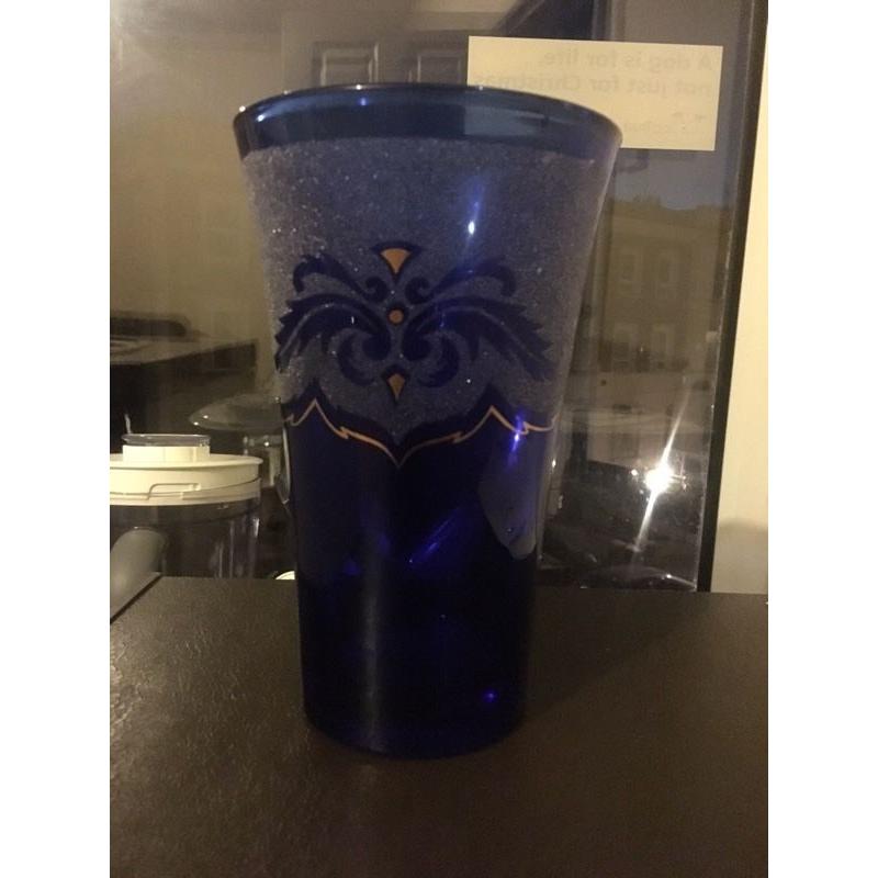 Hand Etched Bristol Blue Glass Flower Vase