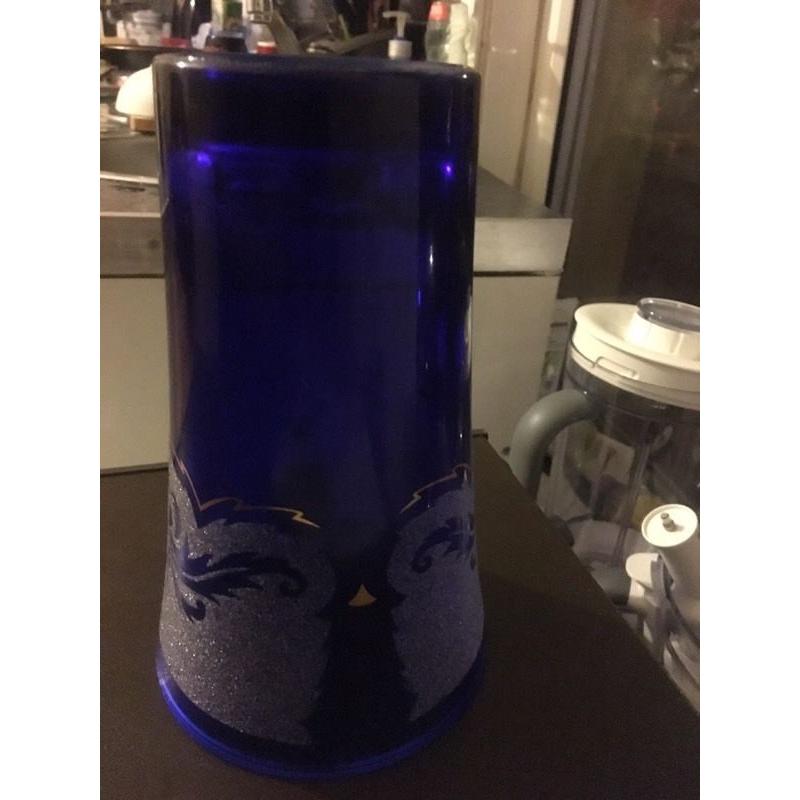 Hand Etched Bristol Blue Glass Flower Vase