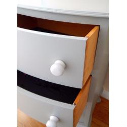 Small vintage retro grey bowed chest of drawers white ceramic knobs - bedside cabinet, hall storage