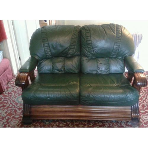 2 seater leather sofa plus 2 chairs solid wood frame/trim