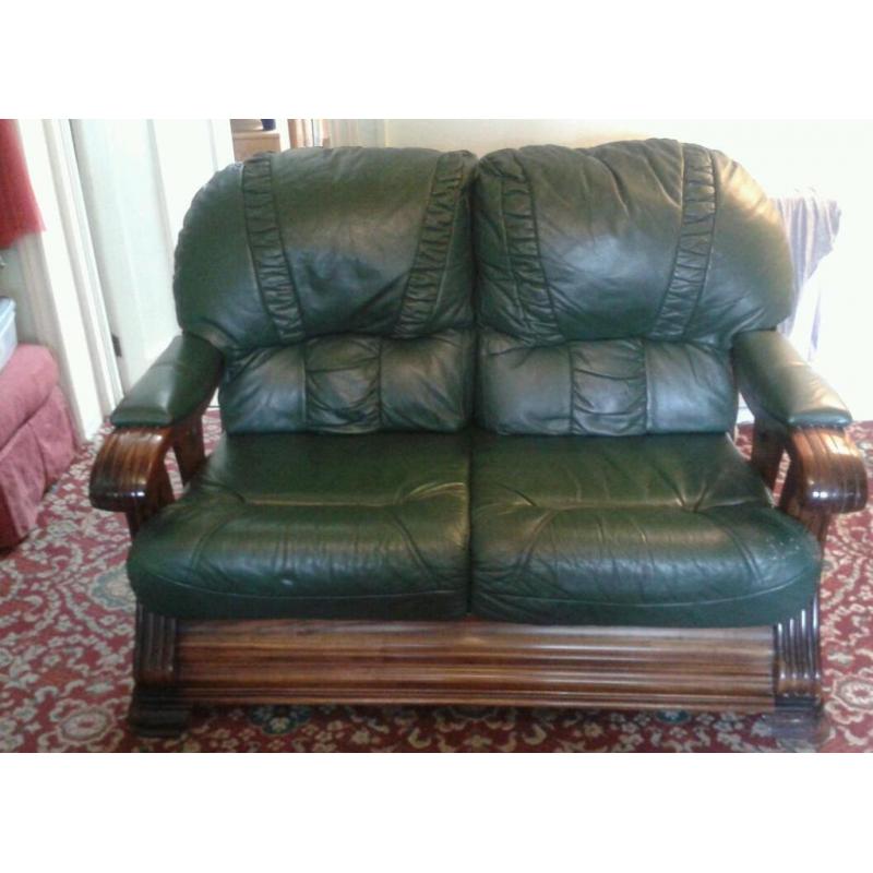 2 seater leather sofa plus 2 chairs solid wood frame/trim
