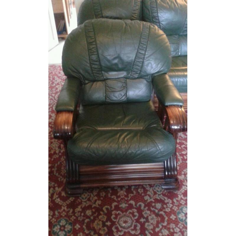 2 seater leather sofa plus 2 chairs solid wood frame/trim