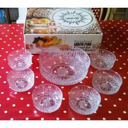 1970s ORIGINAL DESSERT BOWL SET, BOXED UNUSED, RAVENHEAD WHITEFIRE, 7 PCS, WHITEFRIARS, RETRO KITSCH