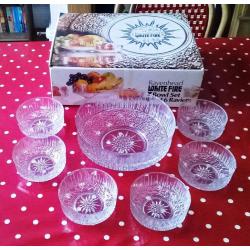 1970s ORIGINAL DESSERT BOWL SET, BOXED UNUSED, RAVENHEAD WHITEFIRE, 7 PCS, WHITEFRIARS, RETRO KITSCH