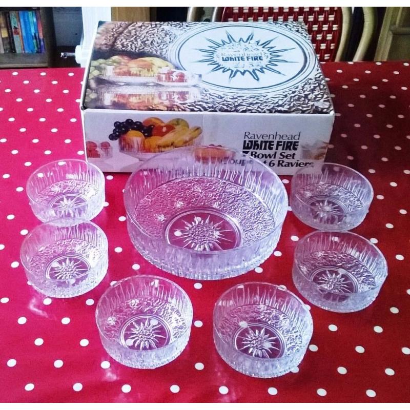1970s ORIGINAL DESSERT BOWL SET, BOXED UNUSED, RAVENHEAD WHITEFIRE, 7 PCS, WHITEFRIARS, RETRO KITSCH
