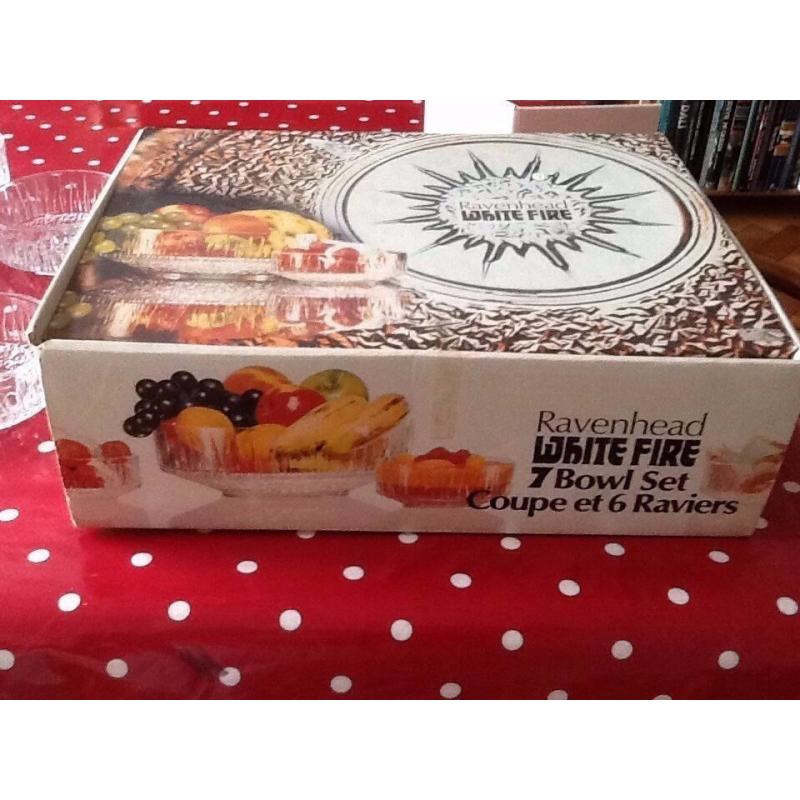 1970s ORIGINAL DESSERT BOWL SET, BOXED UNUSED, RAVENHEAD WHITEFIRE, 7 PCS, WHITEFRIARS, RETRO KITSCH
