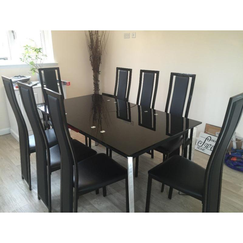 Noir Extending Dining Table & 8 Upholstered Chairs