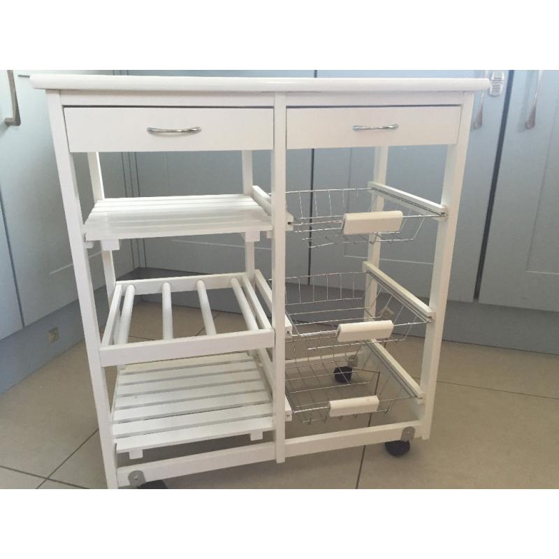 Kitchen trolley with bottle rack, drawers, shelves and baskets