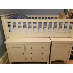 Childs single captains bed c/w wardrobe, high chest unit open shelves unit workstation & cupboard.