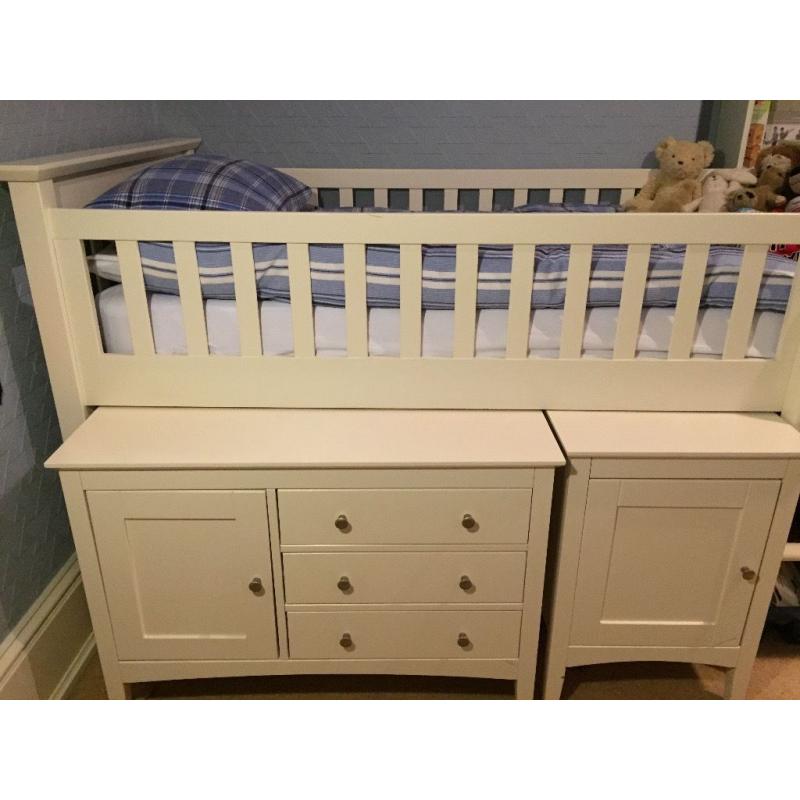 Childs single captains bed c/w wardrobe, high chest unit open shelves unit workstation & cupboard.