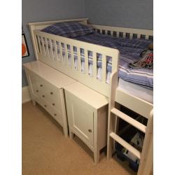 Childs single captains bed c/w wardrobe, high chest unit open shelves unit workstation & cupboard.