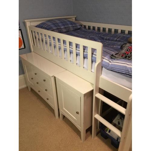 Childs single captains bed c/w wardrobe, high chest unit open shelves unit workstation & cupboard.