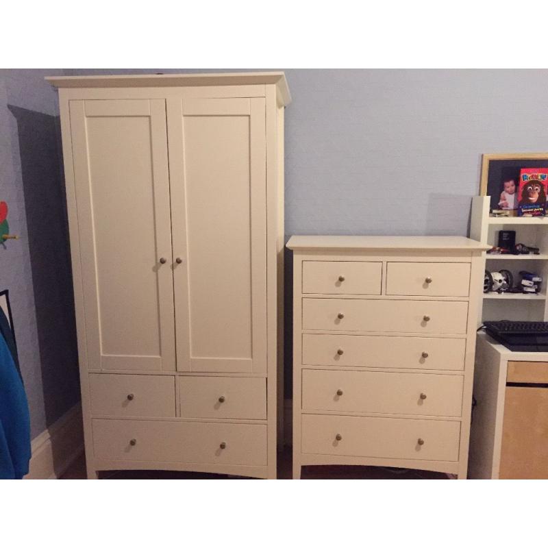 Childs single captains bed c/w wardrobe, high chest unit open shelves unit workstation & cupboard.