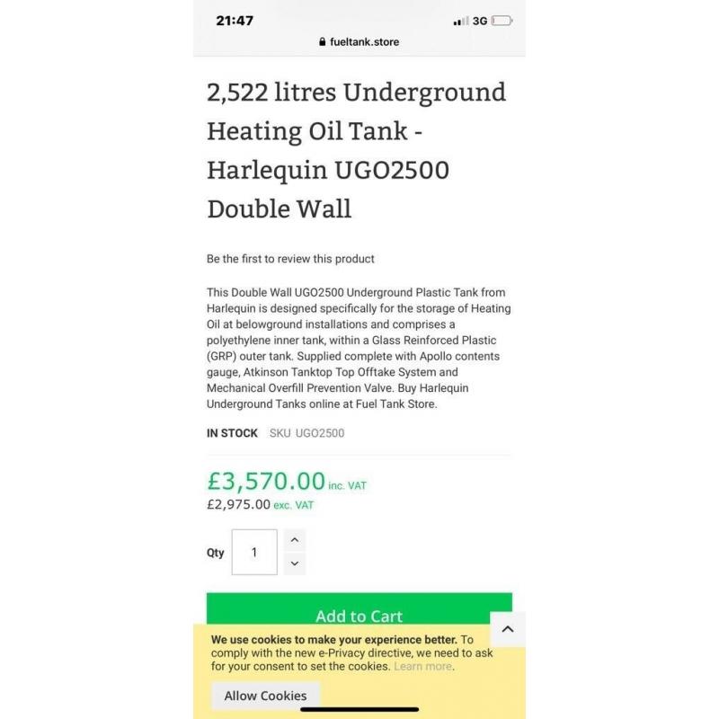 Brand new 2500 litre underground oil tank