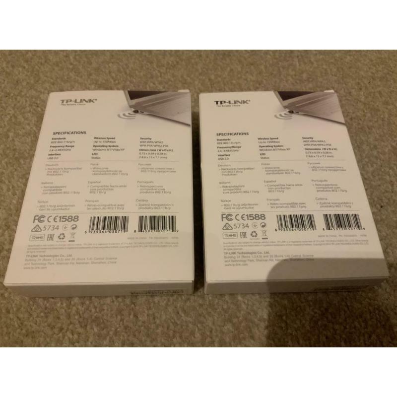 2x NEW TP-LINK 150Mbps Wireless Nano USB Adapter. Model TL-WN725N.