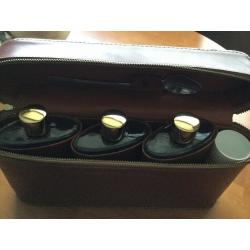 EXCELLENT CONDITION REAL LEATHER TRAVEL BAR SET FLASKS & SHOTS,