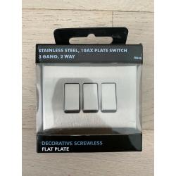 Stainless Steel 10AX Plate Switch 3 Gang 2 Way Decorative Screwless Flat Plate