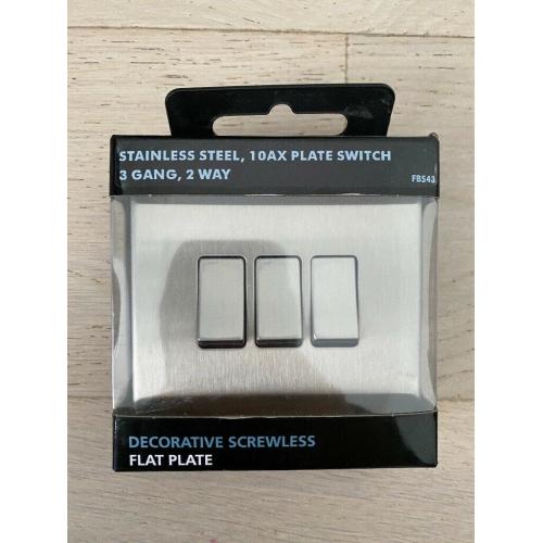 Stainless Steel 10AX Plate Switch 3 Gang 2 Way Decorative Screwless Flat Plate