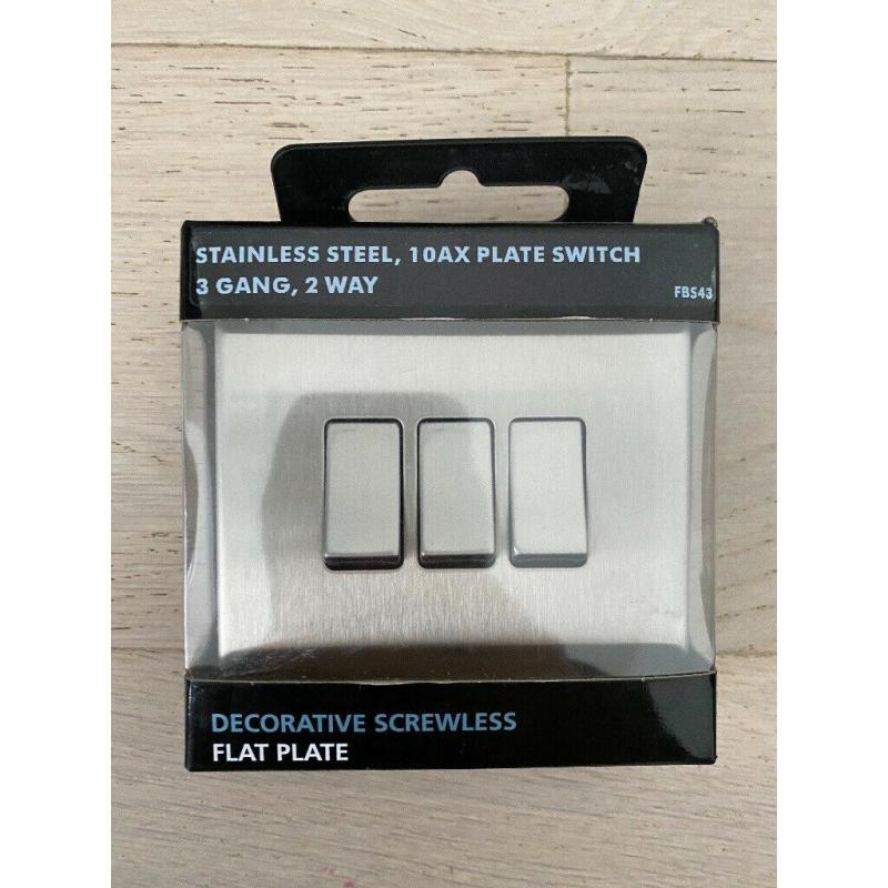 Stainless Steel 10AX Plate Switch 3 Gang 2 Way Decorative Screwless Flat Plate