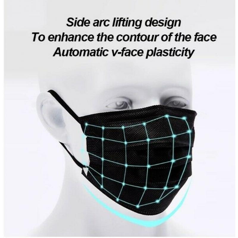 50pcs Black Disposable Face Masks Non-woven 3 Layer Ply Filter Safety