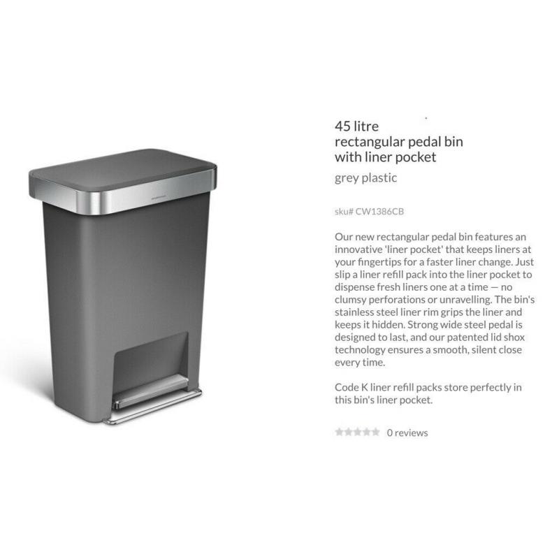 Nearly new Simple Human 45l grey pedal bin with liners