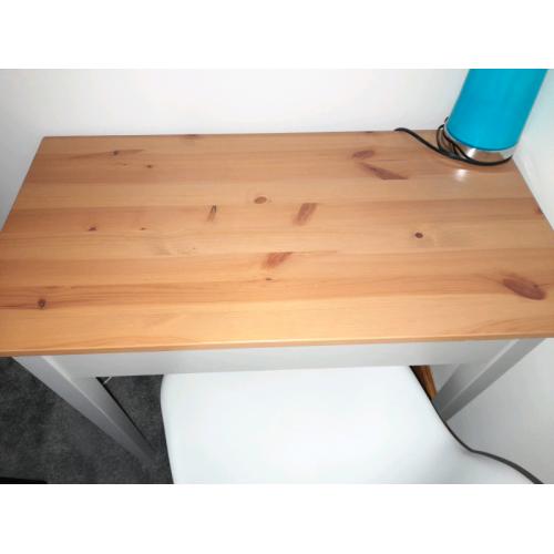 grey desk with wooden top