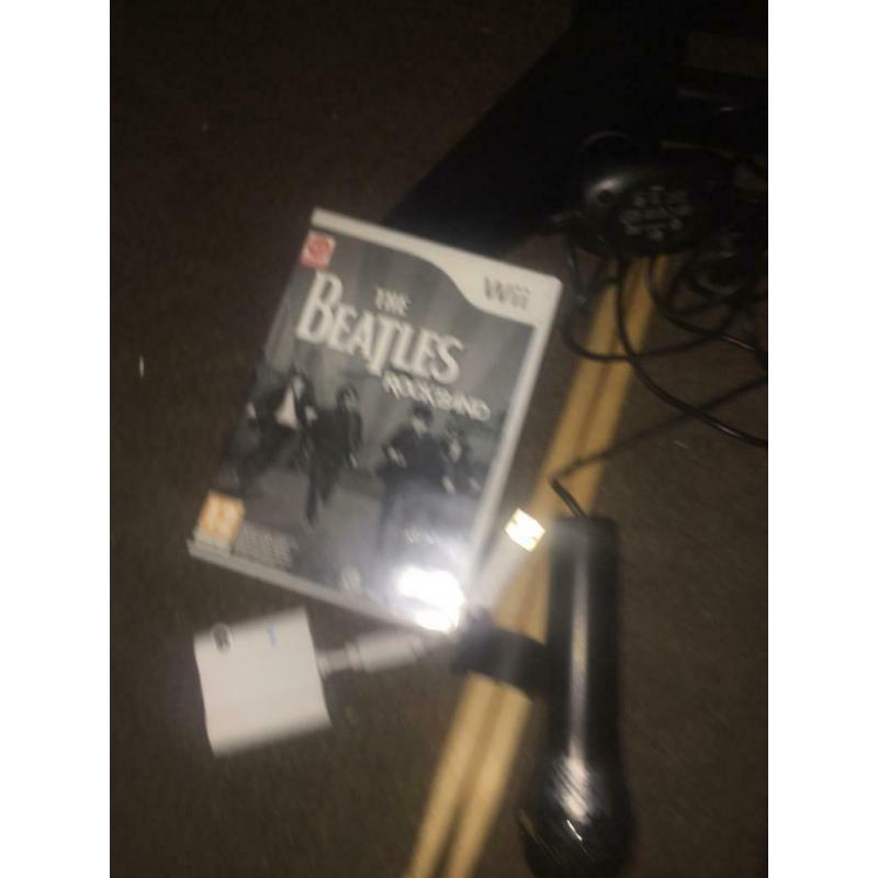 Wii Beatles rock band with guitar and drums and game no pedals in original box one dongle ?30