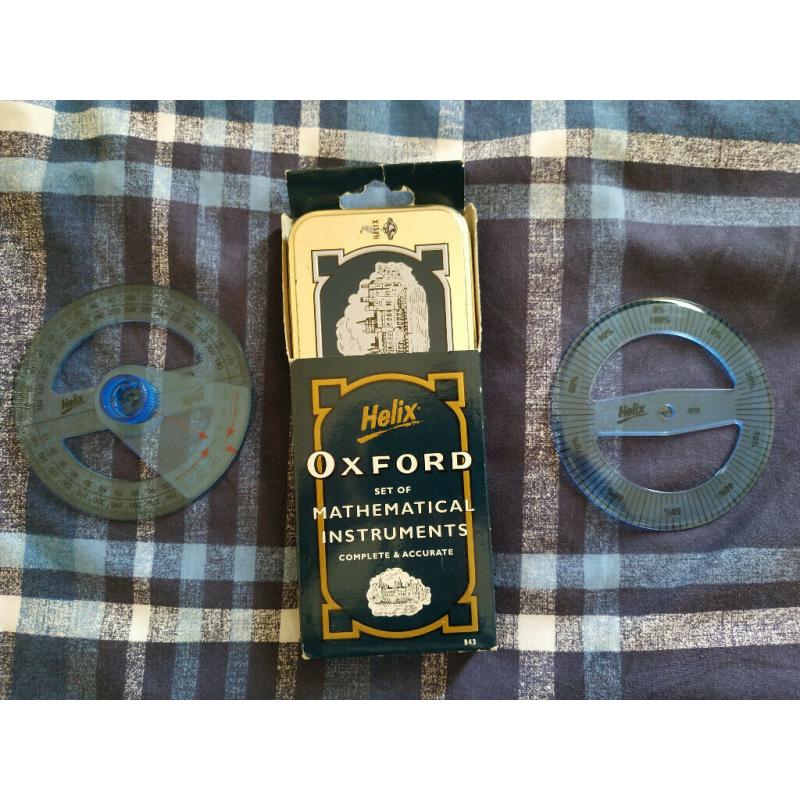 Maths equipment metal tin set - protractors, triangles, compass