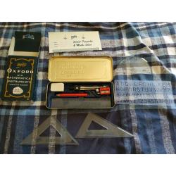 Maths equipment metal tin set - protractors, triangles, compass